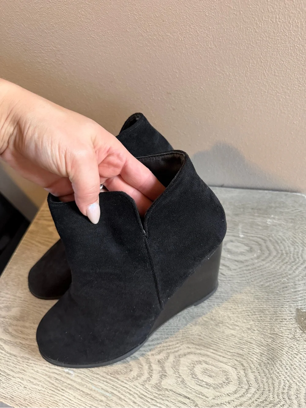 Black Suede Wedge Ankle Bootie - Women's